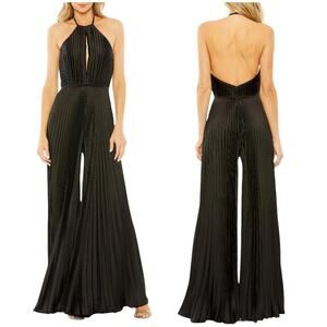 Mac Duggal NWT Black Halter Neck Keyhole Detail Pleated Jumpsuit Size 4 Satin
